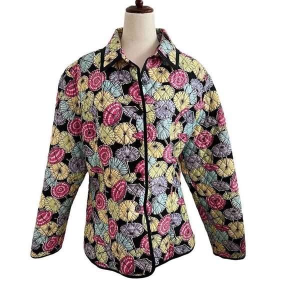 Vintage SilkLand Umbrella Print Silk Quilted Jacket w/ Clear Seed Beads XL - Picture 1 of 7